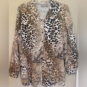 Chico's No-Iron Cotton Tunic Cheetah Leopard Animal Print Button-Up Shirt M-L